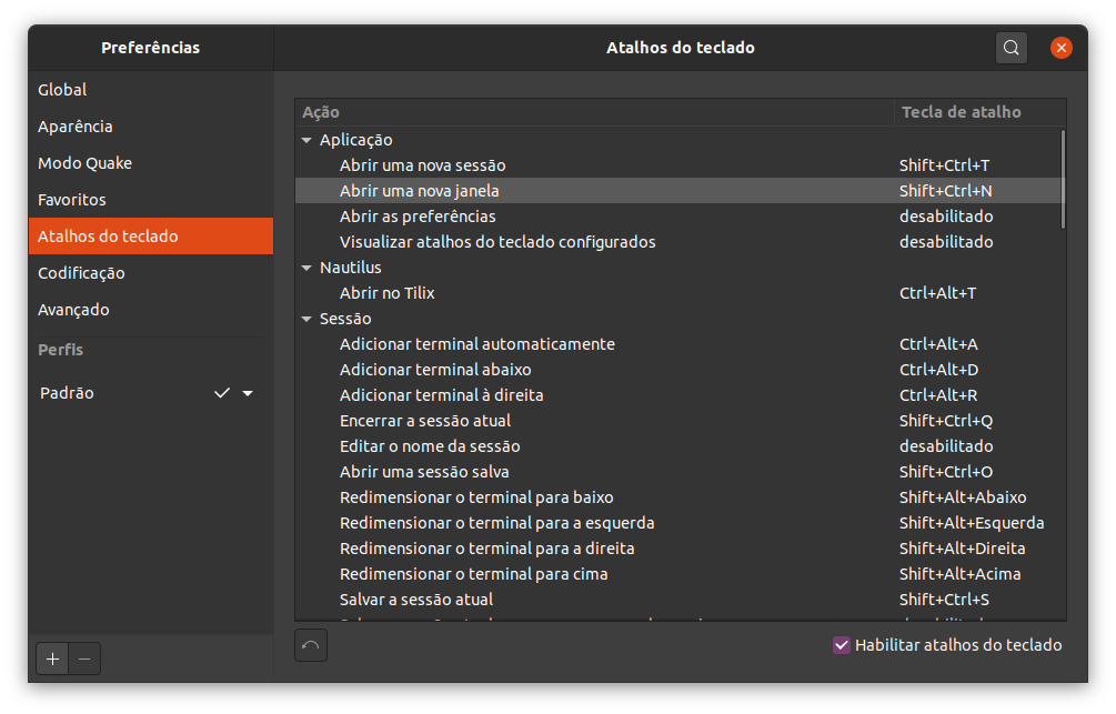 Configurar atalhos de teclado do Tilix